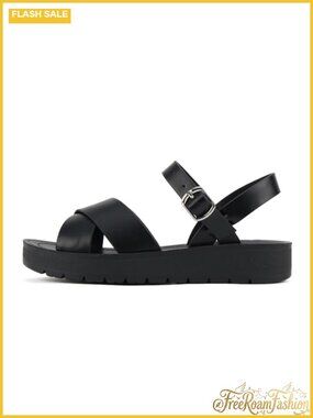 Women Flat Sandals Flatform Ankle Buckle Criss Cross Vegan Leather